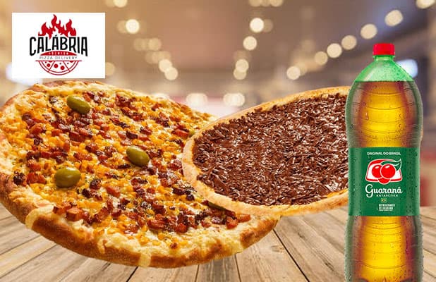 Calábria Pizza Premium: Combo Pizza 8 Fatias + Pizza Doce 4 Fatias, de R$92,90 por R$59,90. Incluso Guaraná 1,5 Litros ou Borda Recheada!
