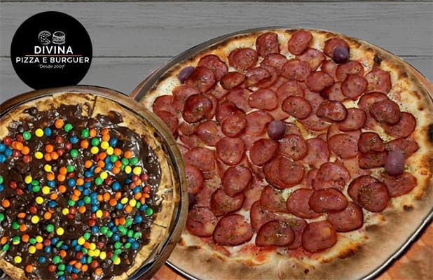 Combo Pizza Salgada 8 Fatias + Pizza Doce 4 Fatias, de até R$81,90 por R$54,90 na Divina Pizza e Burguer!
