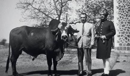 Celso Garcia Cid recebendo touro Gyr "Pushpano" das mãos do Marajá de Bhavnagar.