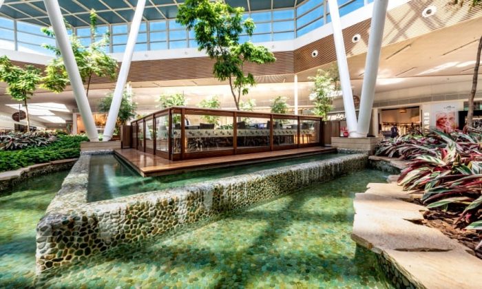 Interior do shopping com deck de madeira, área verde, um pequeno lago e mesas de madeira, proporcionando um ambiente relaxante.