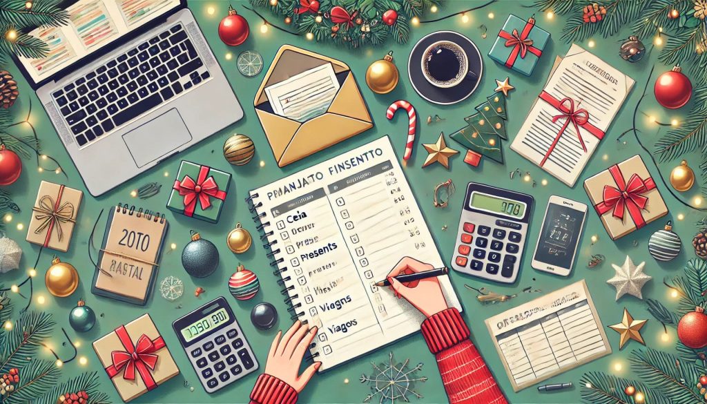 Imagem horizontal representando o planejamento financeiro para o Natal. A cena mostra uma mesa organizada com diversos elementos: um caderno com uma lista de despesas como "Ceia", "Presentes" e "Viagens", cercado por uma calculadora, um smartphone, presentes embrulhados, enfeites natalinos, uma xícara de café e um laptop aberto. Há também luzes decorativas, bolas de Natal, galhos de pinheiro e um envelope. A imagem transmite um clima festivo e organizado, com o objetivo de incentivar o planejamento e controle de gastos para as festas de fim de ano.